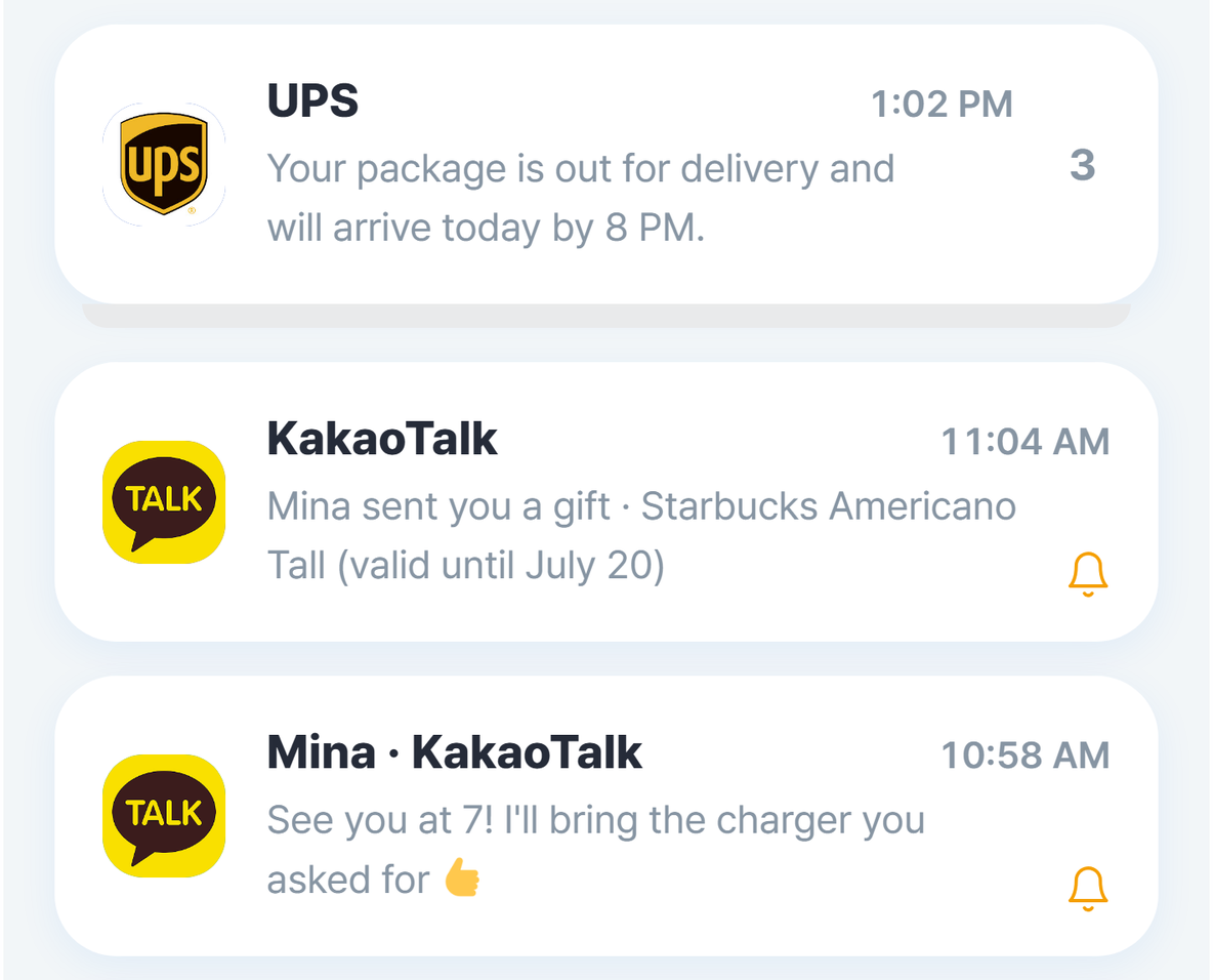 Three delivery alerts folded into one card in the home list