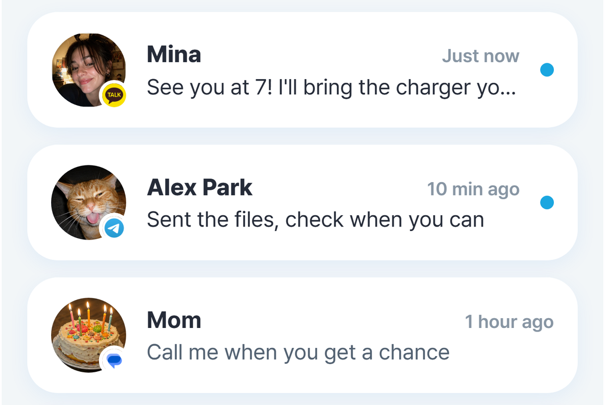 KakaoTalk, Telegram and text conversations listed by person