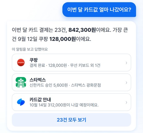 NotiFold의 Noti AI가 이번 달 카드값 물음에 답하는 화면(예시 데이터)